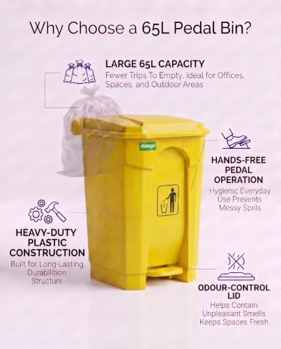 Image of pedal dustbin with lid, heavy duty plastic garbage bin, hands-free step-on waste bin for kitchen, office, home, hotel, bathroom & outdoor use (Mango Yellow, 65 Liters)