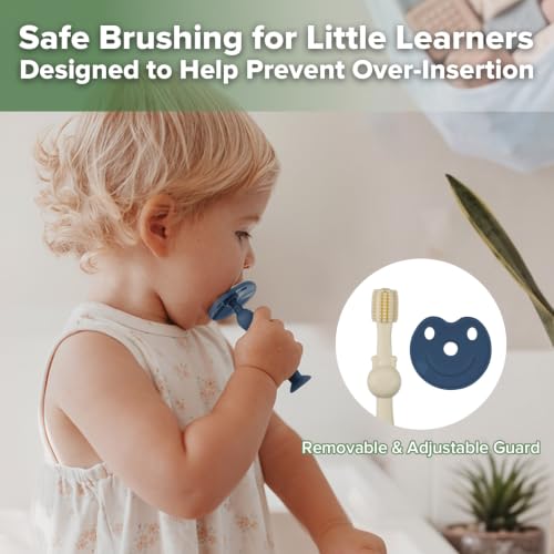 Image of haakaa 360 Baby Toothbrush with Suction Base - Beige + Steel Blue