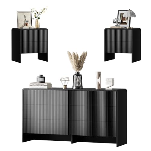Image of Furniway 3 Piece Bedroom Dresser Set, 6 Drawer Dresser with 2 Nightstands, Fluted Chest of Drawers with Pop-Up Design, Modern Storage Furniture for Bedroom, Living Room, Entryway, Black