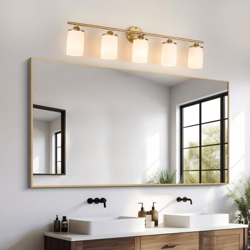 Image of Jonsi Gold Bathroom Light Fixtures 5-Light Vanity Lights Modern Wall Sconce with Milk White Shade Brushed Brass Bathroom Light Fixture Over Mirror for Bedroom Hallway Kitchen