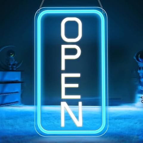 ROLANCHE Open Signs for Business, 16"x 9" LED Neon Open Sign with ON/OFF Switch adapter, Ultra Bright and Eye-catching Vertical Open Light Up Sign for Window, Wall, Store, Shop, Ice Blue/White Cover