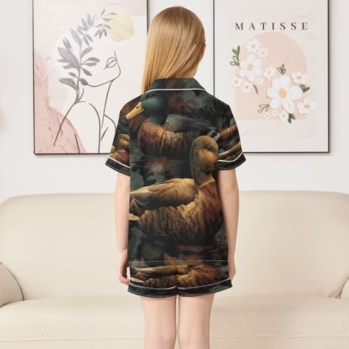 Satin Pajama Sets Short Sleeve Ducks Swimming Camouflage Button Down Silky Nightwear 2 Piece PJS 5-14Y4
