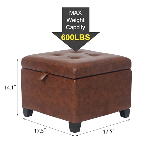 Asense 17 Inch Square Storage Ottoman,Small Foot Rest Stool for Couch, Faux Leather Upholstered Footstool Cube for Entryway Bedroom Living Room, Rust Brown - Thumbnail 3