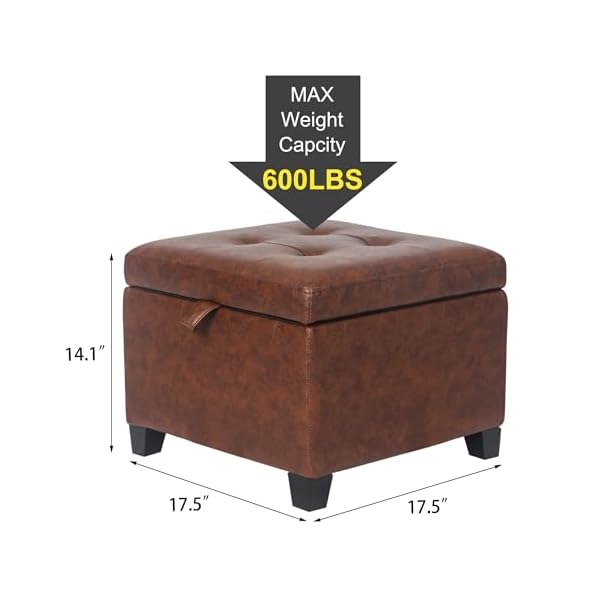 Asense 17 inch square storage ottomansmall foot rest stool for couch faux leather upholstered footstool cube for entryway bedroom living room rust brown  urban country home decor