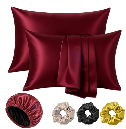 Image of Satin Silk Pillow Cover for Hair and Skin 2 Piece with 3 Piece Satin Silk Scrunchies | 1 Silk Hair Band Free Solid Pillow Covers with Envelope Closure (Rose Taupe) (Maroon + Cap)