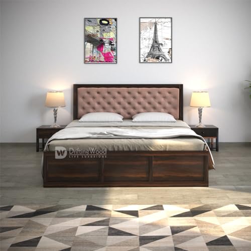 Image of DRIFTINGWOOD Dolvi Solid Sheesham Wood Queen Size Bed with Storage | Wooden Double Bed Cot Bed with Box Storage & Matt Pink Velvet Upholstered Cushioned Headboard for Bedroom | Walnut Finish