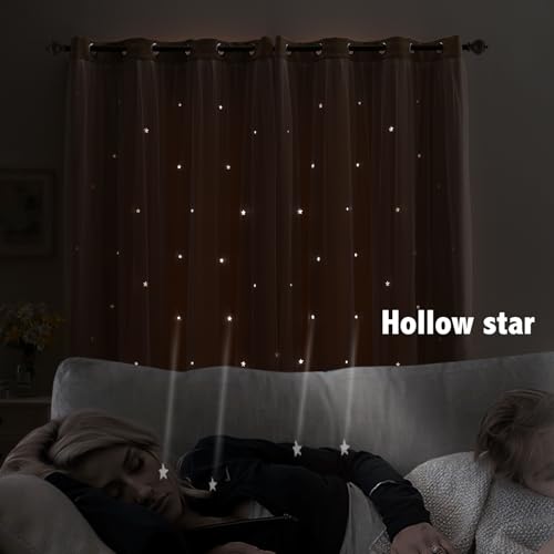 Image of indistar Star Cutout Kids Window Blackout Curtains for Girl Bedroom Window Room Darkening Curtains & Drapes Baby Nursery Curtains (2 Panel, 52W x 95L inch,Beige)
