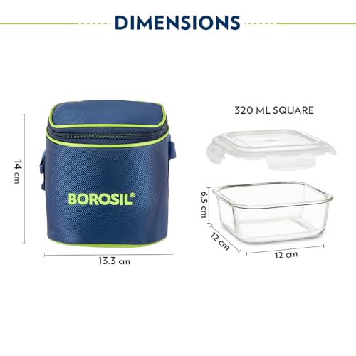 Image of Borosil Klip n Store 320ml x 2 Square Container Lunchbox | Made in India Borosilicate Glass | Microwave & Dishwasher Safe | Tiffin for Office /School /College | Vertical