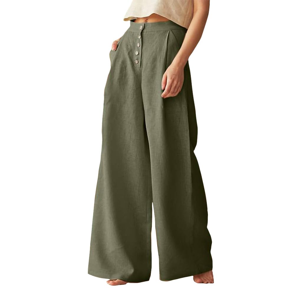 BIVENANT Women High Waisted Button Cotton Linen Pants Wide Leg Casual Pants with Pockets