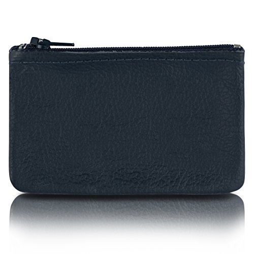 Image of Genuine Leather Small Zipper Pouch Coin Purse for Women Change Holder for Men Size 4 x2.5 Made in U.S.A (Navy)