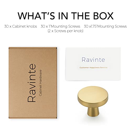 Image of Ravinte 30Pack Drawer Pulls 1-1 /4 Inch Kitchen Cabinet Knobs Solid Brushed Brass Round Dresser Drawer Knobs Gold Dresser Knobs Drawer Knobs Simple Cabinet Hardware for Cupboard Drawer Pulls