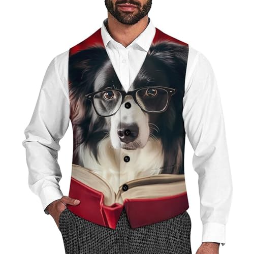 Herding-Sheep Dog Reading (4) Men's Suit Vests Business Formal Dress Vest V-Neck Waistcoat for Wedding Casual