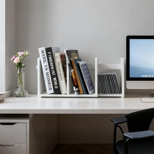 MyGift White Wood Desktop Bookshelf Organizer, Expandable Adjustable Display Shelf Book Rack - Image 3