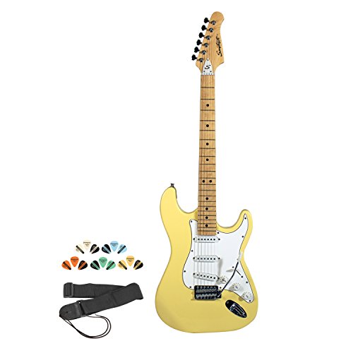 Sawtooth Citron Guitare électrique Vanille avec pickguard blanc – Comprend sangle, médiators et leçon en ligne - Les Beatles, Paul McCartney, John Lennon, RIngo Starr, George Harrison Sawtooth Citron Guitare électrique Vanille avec pickguard blanc – Comprend sangle, médiators et leçon en ligne