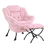 LITA Lazy Chair with Ottoman, Modern Accent Leisure Upholstered Sofa, Contemporary Lounge Reading Chair with Armrests and a Side Pocket for Living Room, Bedroom & Small Spaces, Plush Pink