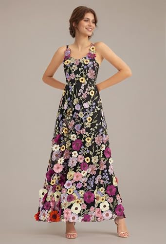 3D Floral Embroidery Prom Dresses for Women Long Spaghetti Straps Flower Applique Tulle Formal Gown Evening Dress2