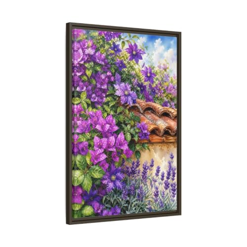 Tableau fleurs violettes aquarelle 50x75 cm cadre espresso pour console