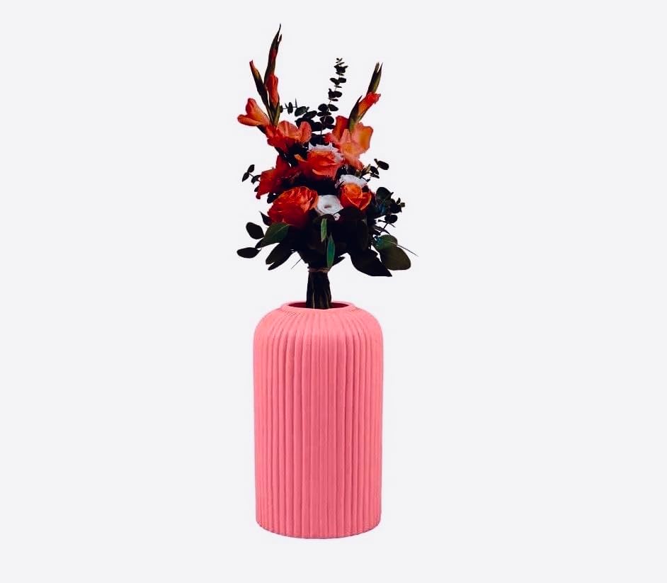 Ribbed Pipe Ceramic Vase for Flowers, Pampas Grass, or Live Plants | Decorative Home & Office Centerpiece Gift โ No Flowers (Pink, 6 Inch)