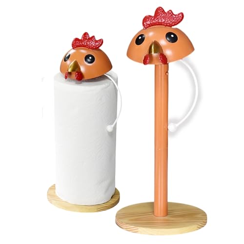 WDLFCGC Cartoon Metal Rooster Paper Towel Holder Countertop,Rooster Paper Towel Holder Stand(Wooden Countertop)