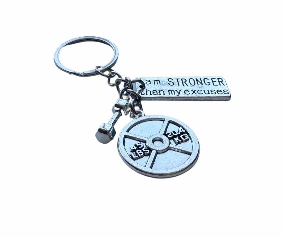 FKC 45 Lbs Weightlifting plate + Small Dumbbell + Motivational tag Keychain (I am Stronger Than My Excuses)