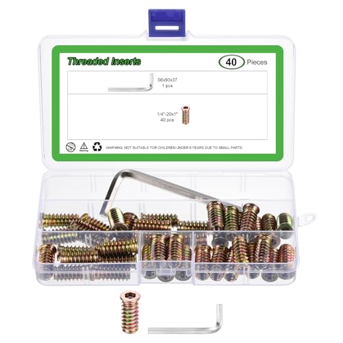 sourcing map 40Pcs 1/4-20x1 Threaded Inserts Nuts, Zinc Alloy Hex Socket Drive Screw-in Nut Threaded Inserts with 1Pcs Hex Wrench, Wood Inserts Bolt Assortment Kit for Wood Furniture