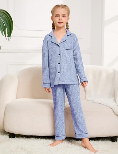 3 Pcs Kids Pajamas Sets Long Sleeve Girls Ribbed Knit Button Down Sleepwear with Eye Mask2