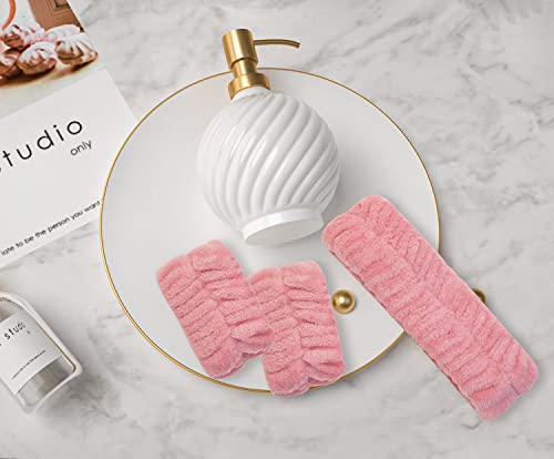 Spa Headband Wrist Washband Set Penta Angel 3Pcs Microfiber Makeup Head Band Wrist Wash Towel Scrunchies Cuffs For Women Girls Face Washing Prevent Liquids From Spilling Down Your Arms (Korean Pink) #TOP5