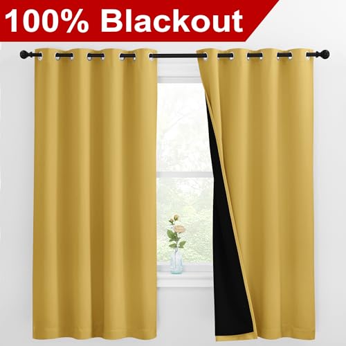 Image of NICETOWN 100% Blackout Curtains with Black Liners, Thermal Insulated Full Blackout 2-Layer Lined Drapes, Energy Efficiency Window Draperies for Bedroom (Bright Yellow, 2 Panels, 55 inch W by 68 inch L)