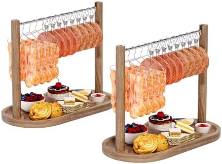 Acacia Wood Bacon Display Rack-Set of 2 Bacon Clothesline Serving Tray-Bacon Hanger Serving Platters-Exquisite Bacon Serving Dishes-Wooden Charcuterie Board-Housewarming&Wedding Gift for Parties