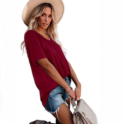 Blusa feminina 2023 de algodão de manga curta com decote em V profundo brunch liso camiseta ajuste s