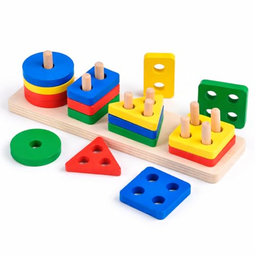 Brinquedo Educativo Encaixe Formas Geométricas Multicoloridas em Madeira MDF, Jogo Pedagógico Infantil 3+, 4 Colunas Premium
