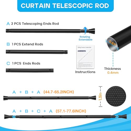 Image of Black Shower Curtain Rod 40-73 inch Black Shower Rod Tension Curtain Rod No Drilling Shower Curtain Rods Spring Tension Shower Rods for Bathroom