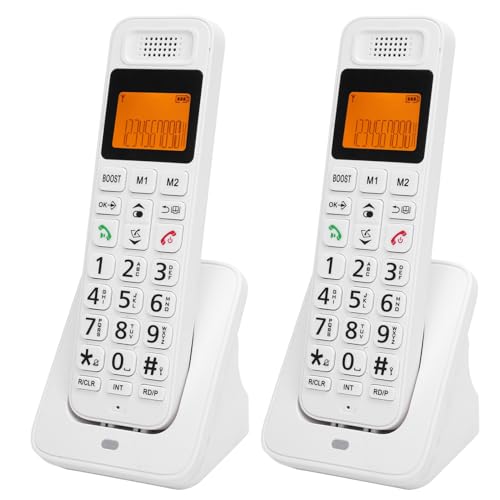Qudinip Teléfono Inalámbrico DECT 6.0, 2 Teléfonos con Bloqueo de Llamadas y Identificación de Llamadas, Pantalla Retroiluminada de LCD, (Blanco)