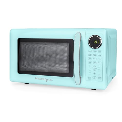 Image of Nostalgia Retro 700W Microwave Oven – 0.7 Cu Ft Capacity – Child Safety Lock, 8 Auto-Cook Settings, Square Window – Countertop Kitchen Appliance – Aqua