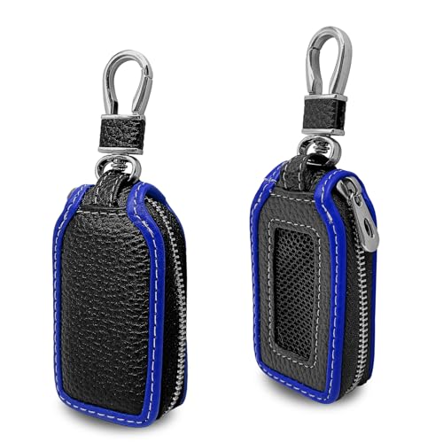 2 fundas protectoras de cuero superior para llave de coche, con cremallera para control remoto inteligente, soporte para llavero de coche con gancho de metal y cremallera, color azul