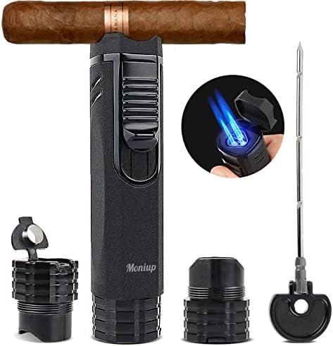 All-in-one Torch Cigar Lighter with Triple Flame, Cigar Punch, Cigar Poker, Cigar Holder, Gas Window, Luxurious Gifts for Men, Refillable Windproof Butane Cool Lighters for Smoking, Candles, Christmas