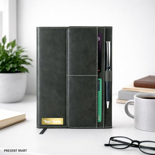 Image of FoldBook Stash Personalized Name Print A5 Notebook with Magnetic Flap Closure, 3-Fold Organizer Cover with Pockets & Pen Slot, 192 Pages 80 GSM Paper, Bookmark Ribbon, Custom Journal for Office School Gifts (OLIVE)
