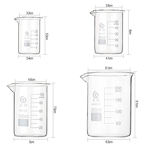 Glass Beaker Set, 4 Pack Graduated Measuring Beakers 25ml 50ml 100ml 200ml Low Form Griffin Thick Wall Lab Beakers with 4 Pcs 1ml Glass Pipette - Thumbnail 2