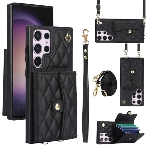 Étui portefeuille cuir Samsung S22 Plus noir housse rabat antichoc sangle