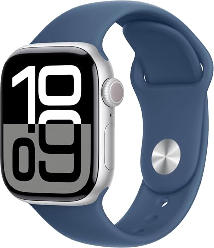Image of Apple Watch Series 10 [GPS + Cellular, 46mm] - Silver Aluminum Case with Denim Sport Band, S /M (Renewed)