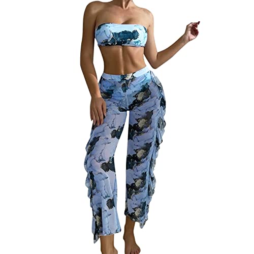 Ensemble de maillots de bain tankini pour femme bleu L avec haut amovible fluide