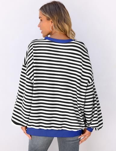 Image of UEU Women Oversized Striped Crewneck Sweatshirt Long Sleeve Color Block Pullover Tops Casual Loose Workout Shirt