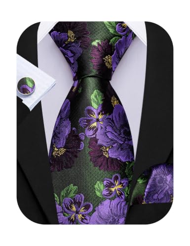Image of Barry.Wang Flower Ties for Men Silk Woven Floral Tie Sets Necktie Handkerchief Cufflinks Wedding Party