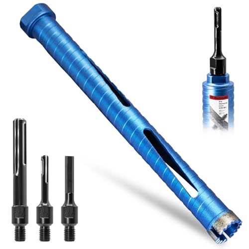 Image of 1 inch Dry Core Drill Bit, 5 /8 inch-11 Thread, with 3 Adapters Included: SDS Plus, SDS Max and 1 /2 inch Hex Shank -9.5 inch Drilling Depth Diamond Core Bits for Concrete, Brick, Block, Stucco and Masonry