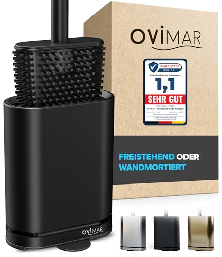 ovimar Toilettenbürste Abeloya | schwarz | Silikon Klobürste | WC Bürste mit Belüftung | Edelstahl | abnehmbare Tropfschale | nur 6cm breit | optionale Wandbefestigung im Badezimmer