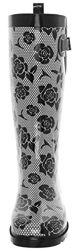 Capelli New York Ladies Shiny Tall Rubber Cozy Lined Rain Boots Lace and Rose Print Black Combo Size 74