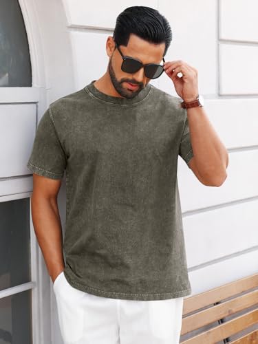 Runcati Mens Short Sleeve T-Shirts 100% Cotton Heavyweight Casual Crew Neck Shirt Vintage Acid Wash Summer Tees Army Green - Image 3