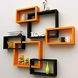 Fabulo MDF Intersecting Shape Wall Shelves for Living Room Floating Shelf Home Decor Wall Mounted Bookcase Wooden Display Racks Bedroom Kitchen Walls Storage Unit Set of 6 (Orange and Black)