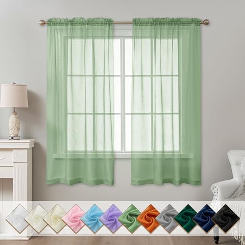 Image of Sage Green Sheer Curtains 63 Inch Length, Privacy Semi Sheer Curtains for Living Room Bedroom, Light Filtering Rod Pocket Voile Window Drapes 2 Panels Set, Each 42 inch W x 63 inch L