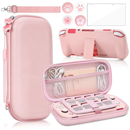BRHE – Ensemble de 9 accessoires roses pour Switch Lite avec étui de transport, coque de protection rigide avec béquille, protecteur d'écran en verre, capuchons de protection pour les pouces